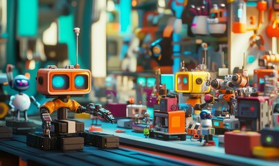 Fototapeta premium Colorful robots working on a factory line.