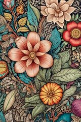 Fototapeta premium Vibrant floral artwork captivates with a riot of colors and textures, featuring an exquisite arrangement of flowers & leaves. It's a beautiful tribute to nature, perfect for adding charm to any space.