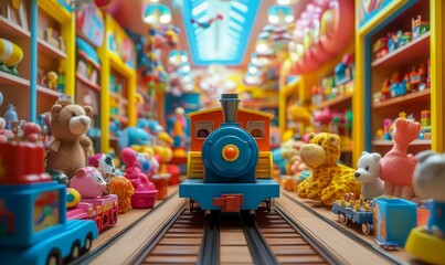 Obraz premium Toy train on tracks in a toy store.