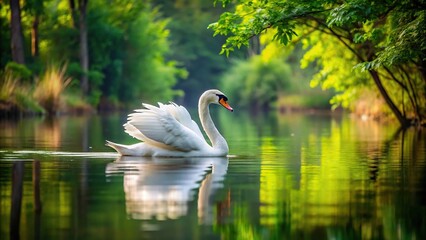 Fototapeta premium Tranquil lake with white swan gliding amidst lush foliage