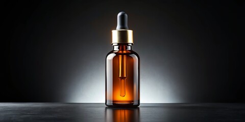 Naklejka premium A minimalist composition featuring a glass bottle with a dropper, standing on a smooth dark surface, illuminated by a subtle light source.