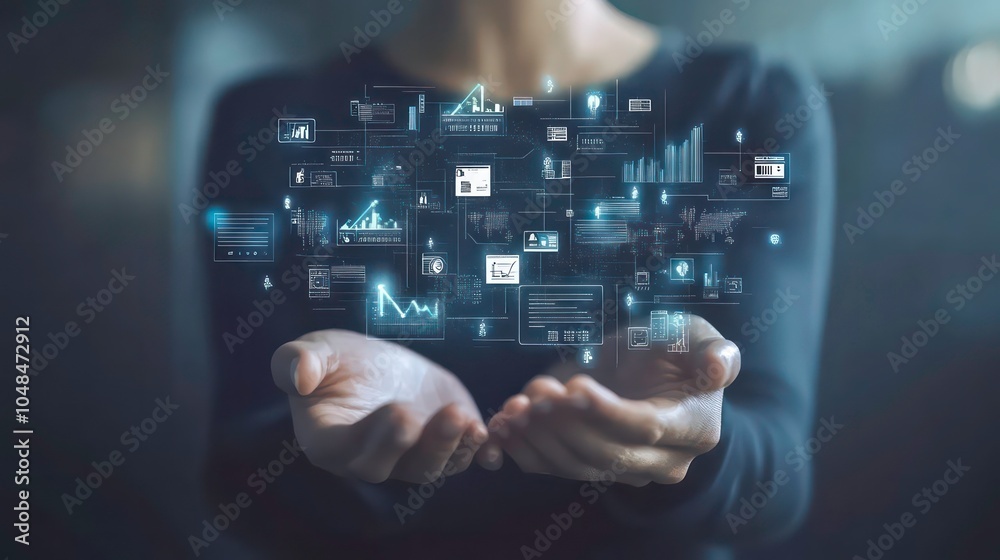 Aufkleber A person's open hands cradling a network of glowing digital charts and icons.