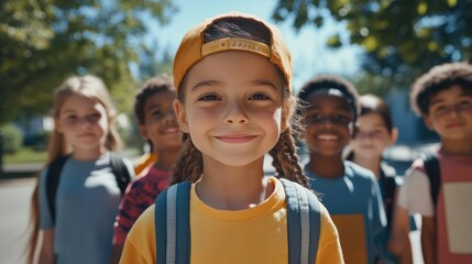Group of diverse cheerful fun happy multiethnic children outdoors at the schoolyard