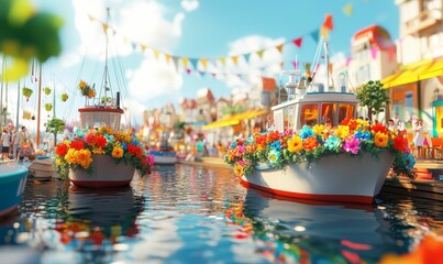 Two boats decorated with flowers on a canal.
