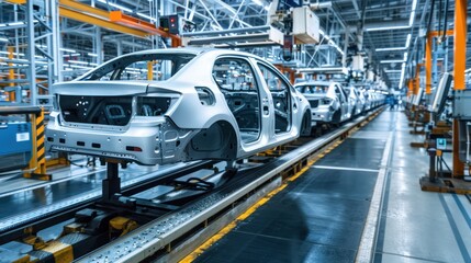 Fototapeta premium Unpainted Car Body on Automated Conveyor Belt in Factory