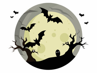 Full Moon with Flying Bats vector illustration on white background