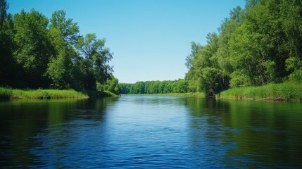 Obraz premium Serene River Landscape Surrounded by Lush Greenery