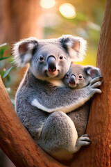 Obraz premium Un koala junto a su cría en un arbol