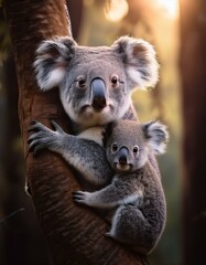 Naklejka premium Un koala junto a su cría en un arbol