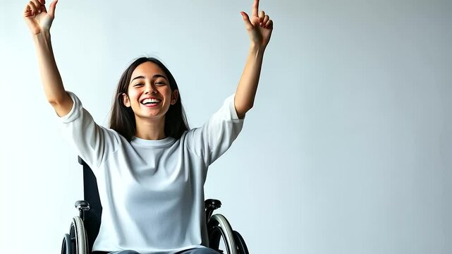 A cheerful wheelchair-using woman waving enthusiastically, framed by a white backdrop, embodying the spirit of parasport