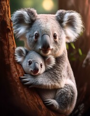 Obraz premium Un koala junto a su cría en un arbol