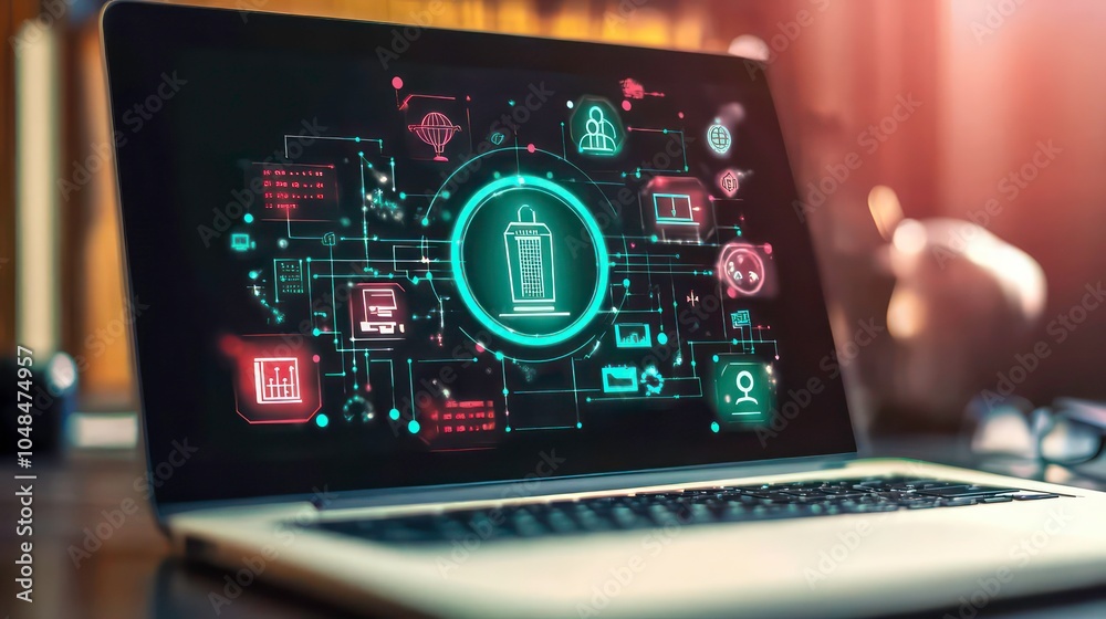 Poster a laptop screen displaying a digital illustration of a trash bin with interconnected icons.