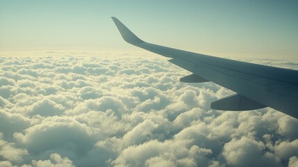 Obraz premium A bright midday view of the sky from an airplane window, with the airplane wing cutting across a sea of white clouds below