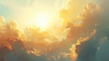 Fototapeta premium A bright morning sky with golden sunlight filtering through thin clouds, creating a peaceful, radiant atmosphere