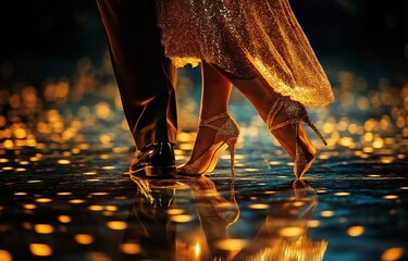 spectacular conclusion to a tango dance done by a pair of expert dancers wearing a gold dress and a sophisticated suit, with one leg thrown high.