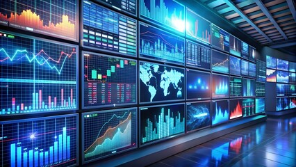 Fototapeta premium Futuristic scene of virtual screens displaying various trading metrics, showcasing technology in finance.