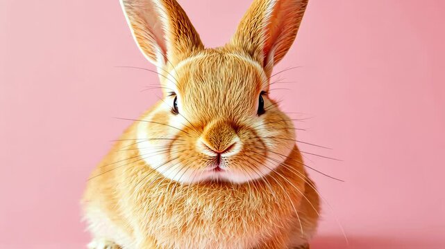 Stock minimalist photography of a bunny with closed eyes and a content expression, sitting on a light pink background under bright, soft lighting