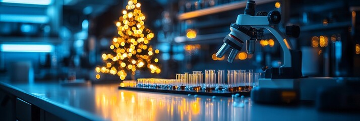 A laboratory setting with a microscope in focus, accompanied by festive bokeh lights in the background, creating a warm, scientific holiday atmosphere.