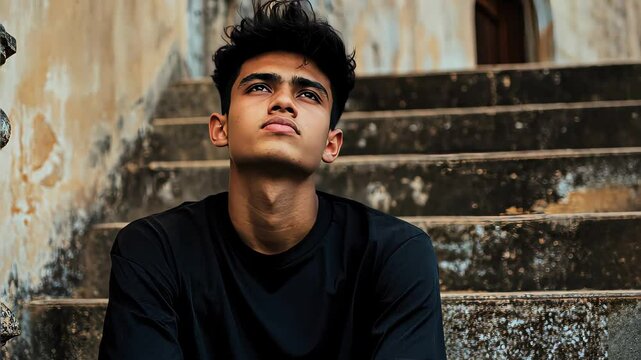 Stock minimalist photograph of a disappointed teenage boy with slouched shoulders, sitting on the steps of an old building, his head slightly down