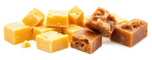 Delicious caramel cubes in various shades, perfect for desserts or as a sweet treat. Ideal for candy lovers and confectionery fans.
