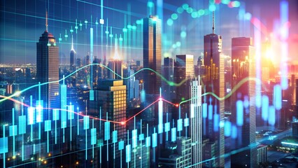 Obraz premium Abstract trading background with candlestick charts and trending lines, visualizing market data.