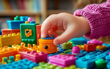 Fototapeta premium A child's hand interacts with colorful building blocks in a playful setting.