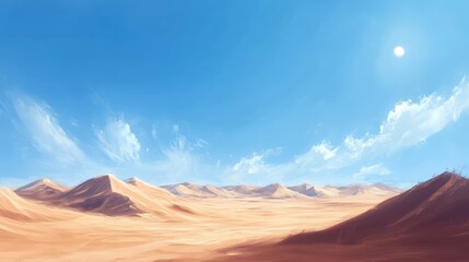 Fototapeta premium A bright, sunny sky over a vast expanse of desert, with the dunes stretching far into the distance under a cloudless blue sky