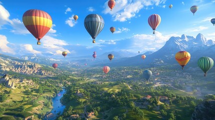 Fototapeta premium A brilliant blue sky filled with hot air balloons of all colors, drifting above a sprawling green valley and mountains in the distance