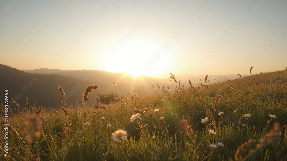 Wall mural Golden sunset over a field of wildflowers.