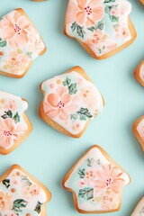top view gingerbread house shaped coockies decorated with poinsettia floral print frosting on a pastel blue background