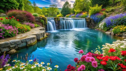 Tranquil meadow with waterfall and canal