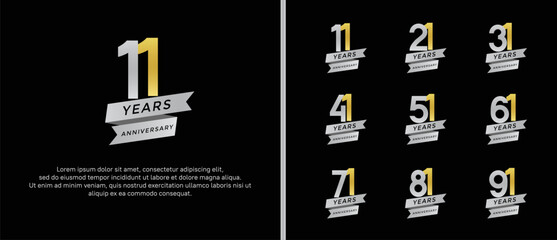 set of anniversary logo flat silver and gold color on black background for celebration moment
