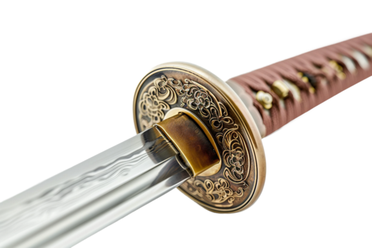 Classic samurai sword with ceremonial traditional fittings isolated on transparent background