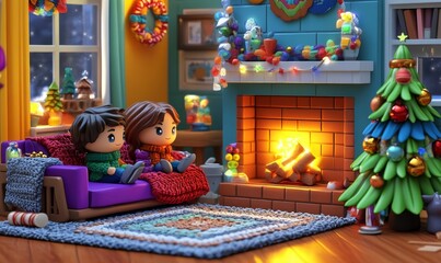 Two dolls sit by a fireplace in a cozy room.