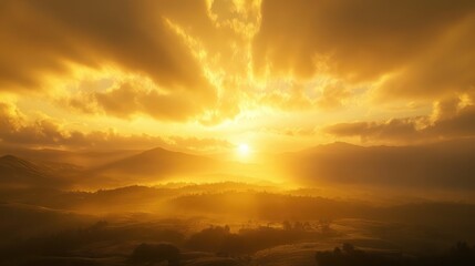 Obraz premium A brilliant morning sky at golden hour with warm sunlight streaming through the clouds, casting a peaceful glow on the landscape below