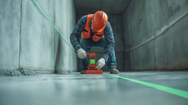 On a building site, the worker inspector uses a laser level meter that projects green lines on the cement walls to check the floor level.