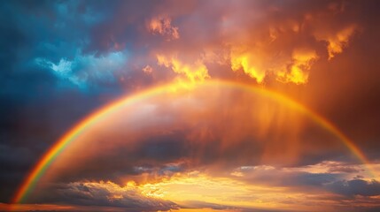 A brilliant rainbow in a cloudy sky after a summer storm, stretching across the horizon with sunlight breaking through