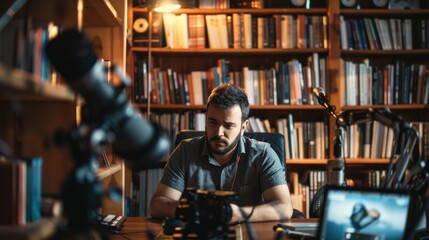 Man Recording a Podcast in a Library Setting
