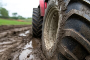Obraz premium A tractor tire on a muddy road - Outdoor
