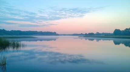 Obraz premium A calm morning sky at sunrise with soft pastel blues and pinks stretching across the horizon, reflecting on a still lake below