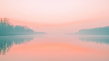 Fototapeta premium A calm morning sky with light pastel tones of pink and orange glowing softly, reflecting in the still waters of a quiet river