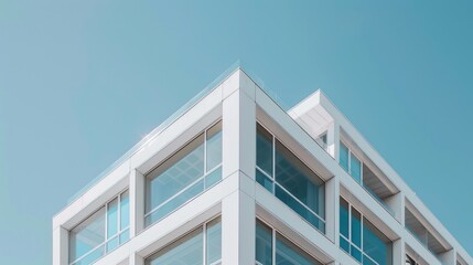 Obraz premium Modern White Building with Glass Windows and Balconies Against a Blue Sky