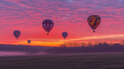 Fototapeta premium A captivating view of hot air balloons floating in the sky at dawn, their vibrant colors standing out against the soft pastel hues of sunrise