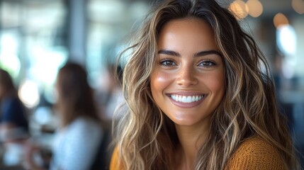 Obraz premium A joyful woman of Mediterranean descent smiles brightly in a cafe setting, surrounded by blurred figures and a cozy atmosphere.