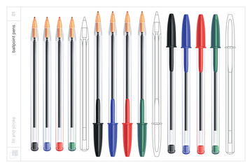 Ballpoint pens. Vector illustration. Fill and stroke.