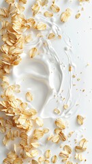 Obraz premium Falling oat flakes with milk splash on white background,Rolled oats falling into splashing milk,Dried oat plant Organic vegan liquid,Healthy breakfast meal,milkshake,yogurt spiral,diet drink.