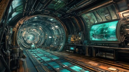 Obraz premium Futuristic Sci-Fi Tunnel Interior with Advanced Technology and Ambient Glow