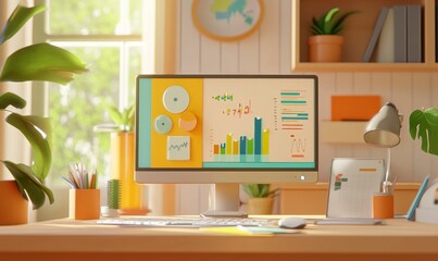 A desktop workspace with computer, charts, and plants.