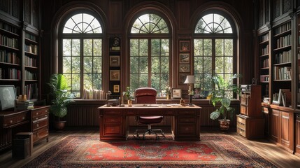 Obraz premium A classic home office with a wooden desk, leather chair, and bookshelves filled with books. Natural light floods in through large windows.