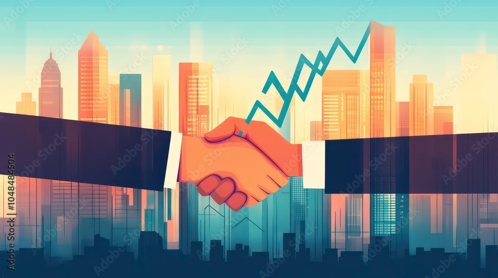 Poster two hands shaking in front of a city skyline with a rising graph, symbolizing a successful partnersh